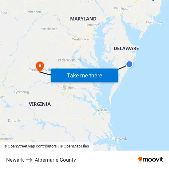 Newark to Albemarle County map