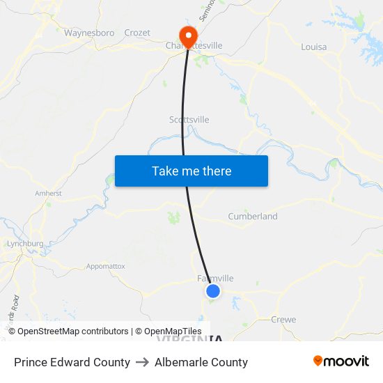 Prince Edward County to Albemarle County map