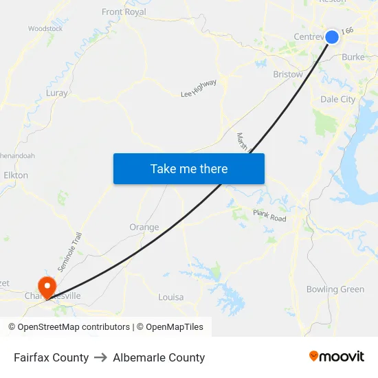 Fairfax County to Albemarle County map