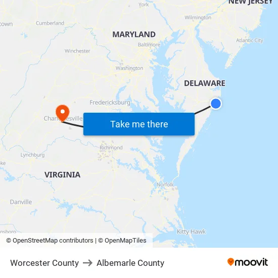 Worcester County to Albemarle County map