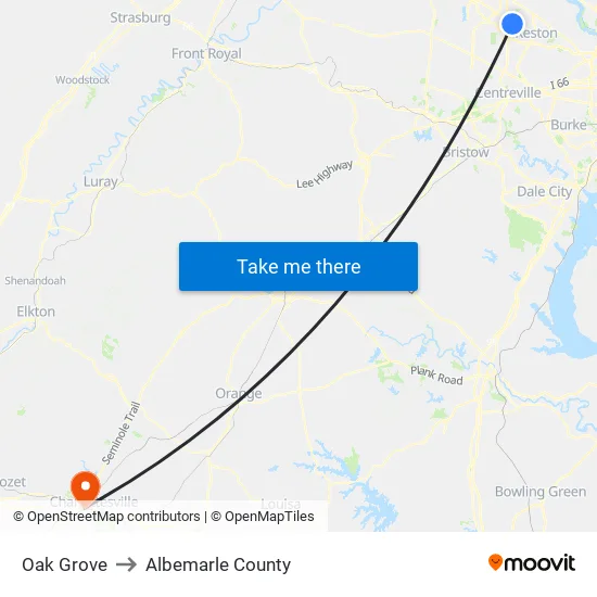 Oak Grove to Albemarle County map