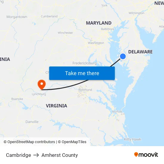 Cambridge to Amherst County map
