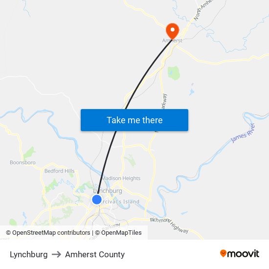 Lynchburg to Amherst County map