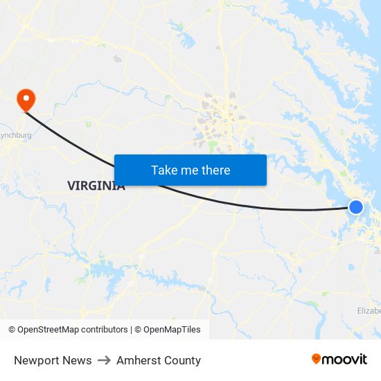 Newport News to Amherst County map