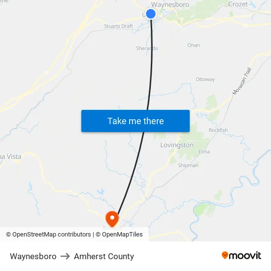 Waynesboro to Amherst County map