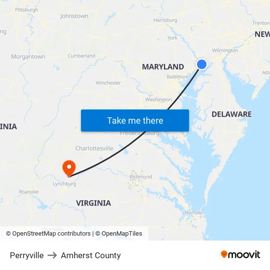 Perryville to Amherst County map