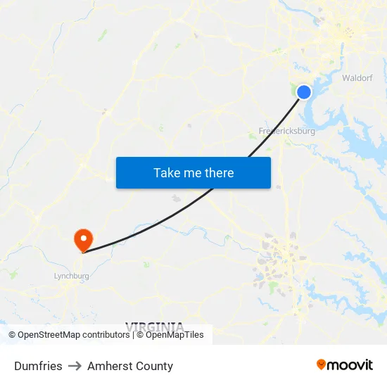 Dumfries to Amherst County map