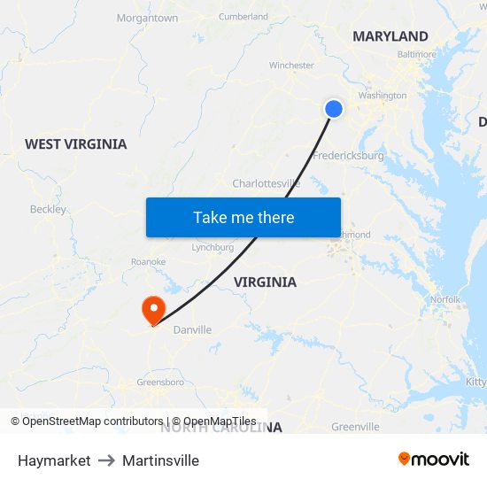 Haymarket to Martinsville map