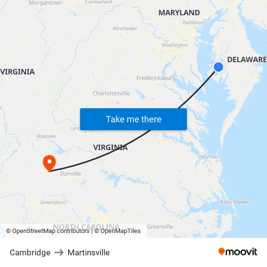 Cambridge to Martinsville map