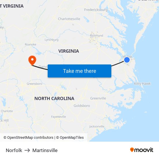 Norfolk to Martinsville map