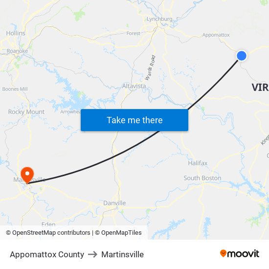 Appomattox County to Martinsville map