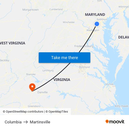 Columbia to Martinsville map