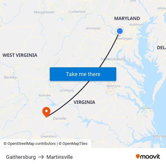 Gaithersburg to Martinsville map