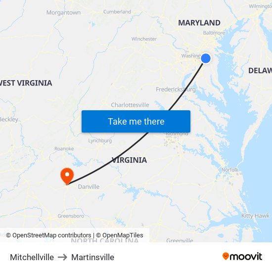 Mitchellville to Martinsville map