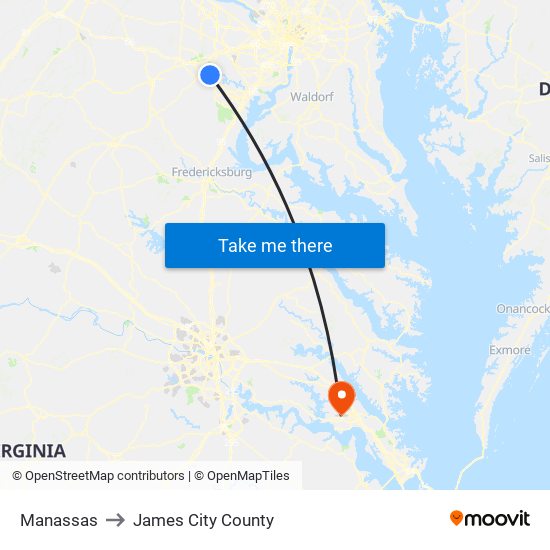 Manassas to James City County map