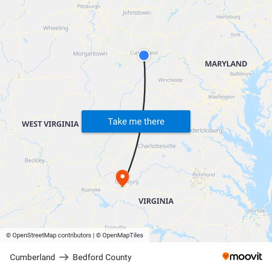 Cumberland to Bedford County map