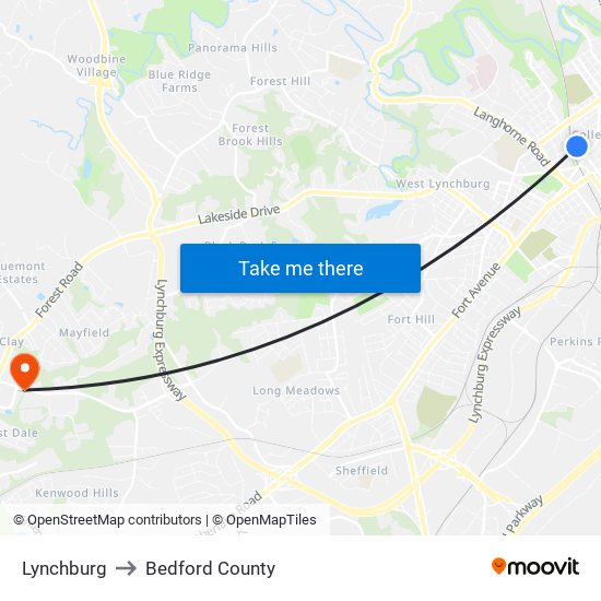 Lynchburg to Bedford County map