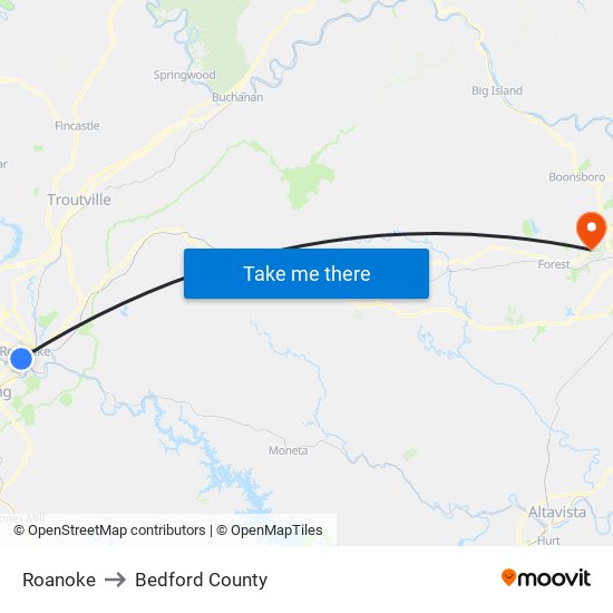 Roanoke to Bedford County map