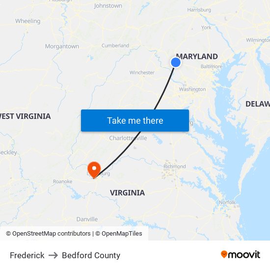 Frederick to Bedford County map