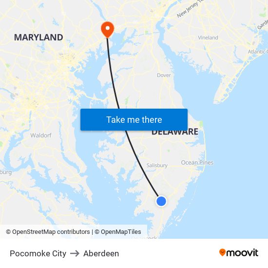 Pocomoke City to Aberdeen map