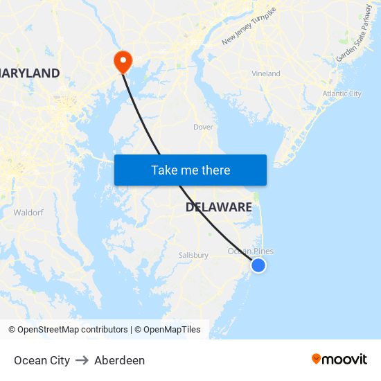 Ocean City to Aberdeen map