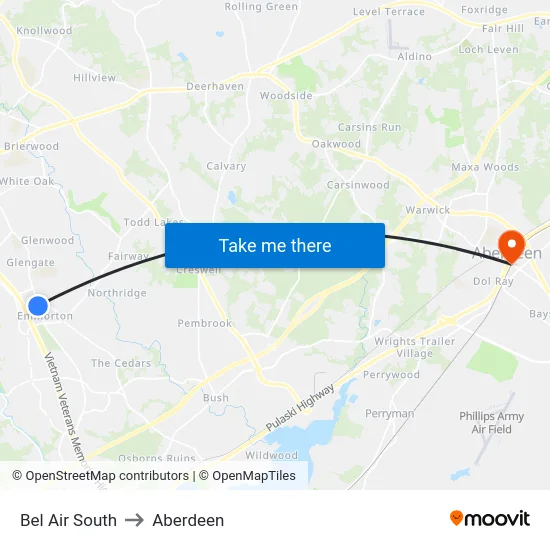 Bel Air South to Aberdeen map