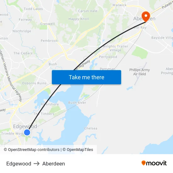Edgewood to Aberdeen map