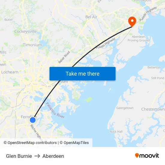 Glen Burnie to Aberdeen map