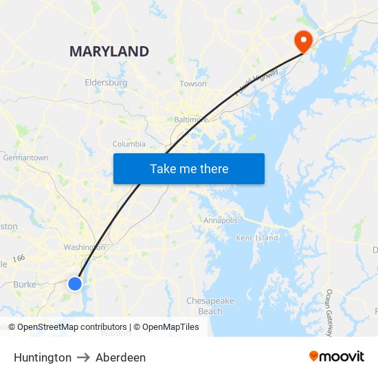 Huntington to Aberdeen map