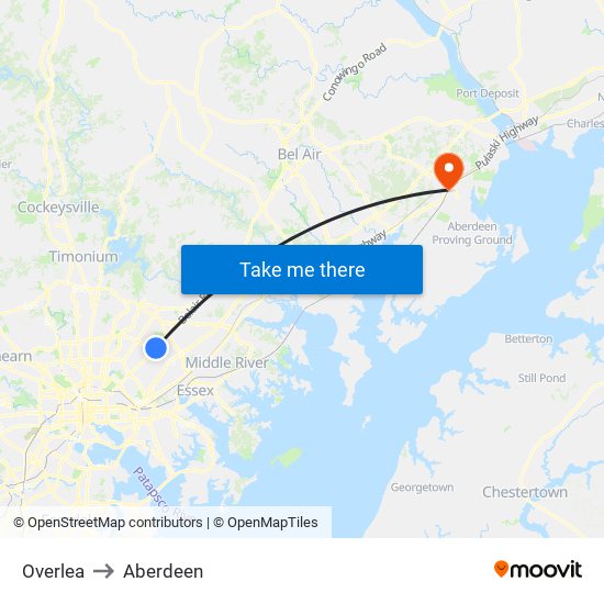 Overlea to Aberdeen map