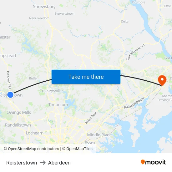 Reisterstown to Aberdeen map