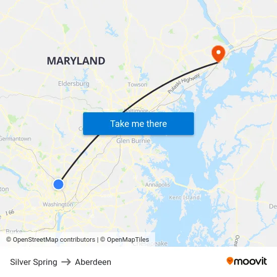 Silver Spring to Aberdeen map