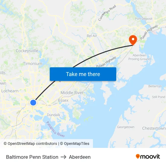 Baltimore Penn Station to Aberdeen map