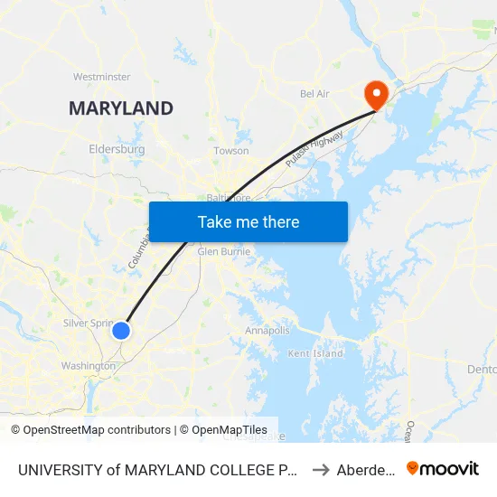 UNIVERSITY of MARYLAND COLLEGE PARK to Aberdeen map