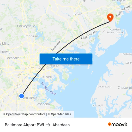 Baltimore Airport BWI to Aberdeen map