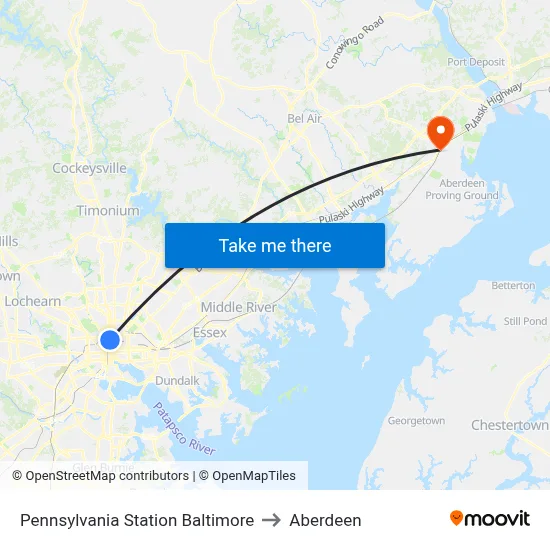 Pennsylvania Station Baltimore to Aberdeen map