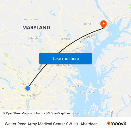 Walter Reed Army Medical Center-SW to Aberdeen map