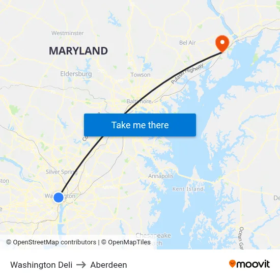 Washington Deli to Aberdeen map