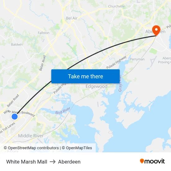 White Marsh Mall to Aberdeen map