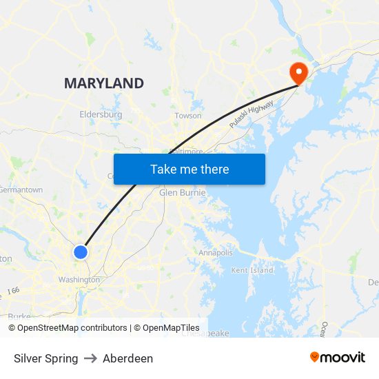 Silver Spring to Aberdeen map