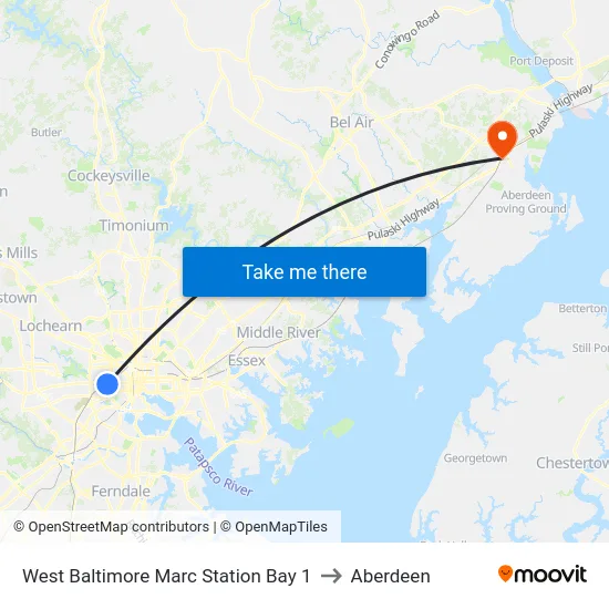 West Baltimore Marc Station Bay 1 to Aberdeen map