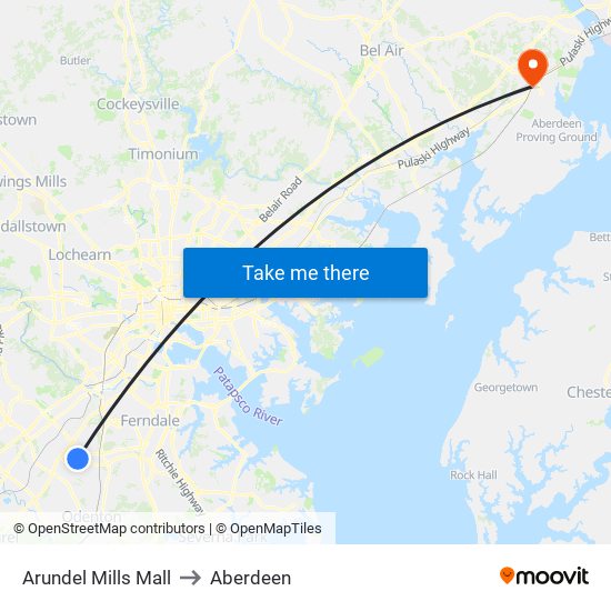 Arundel Mills Mall to Aberdeen map