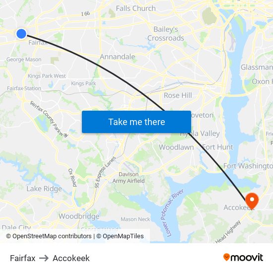 Fairfax to Accokeek map