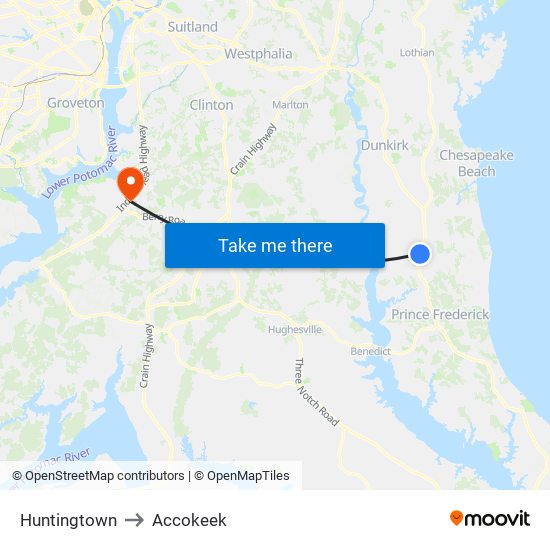 Huntingtown to Accokeek map
