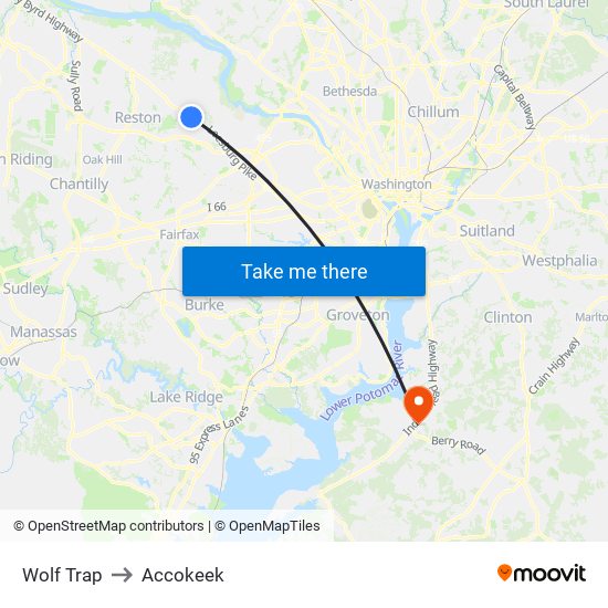 Wolf Trap to Accokeek map