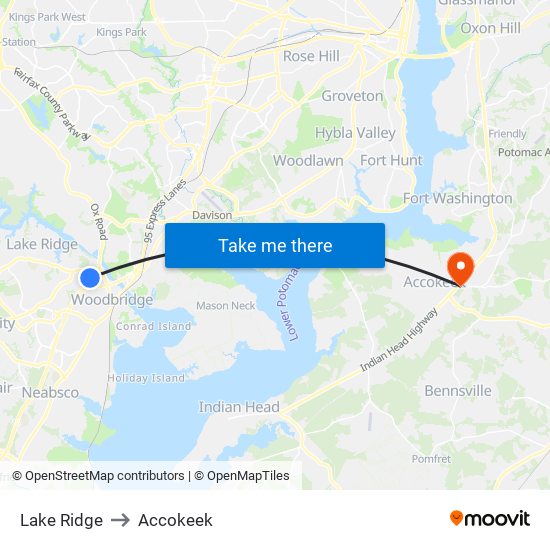 Lake Ridge to Accokeek map