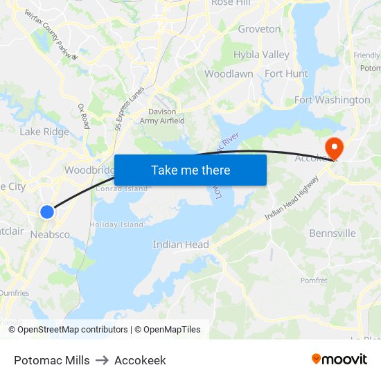 Potomac Mills to Accokeek map