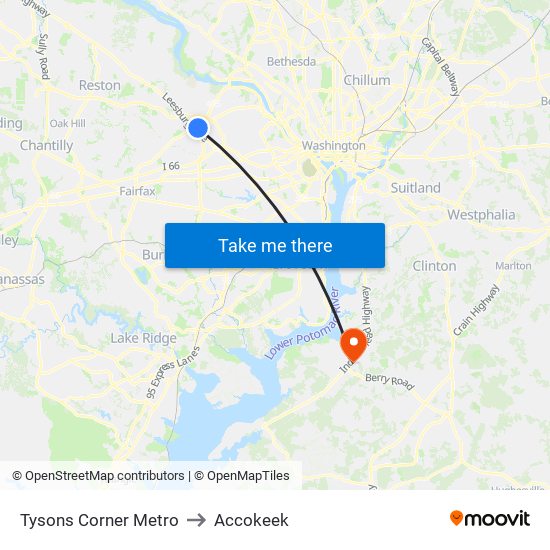 Tysons Corner Metro to Accokeek map