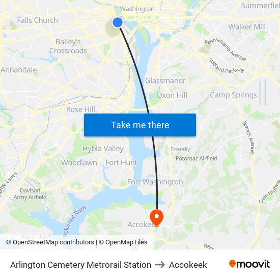 Arlington Cemetery  Metrorail Station to Accokeek map