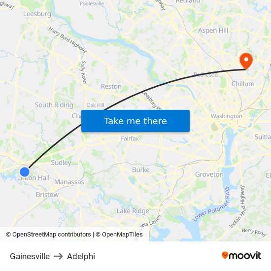 Gainesville to Adelphi map